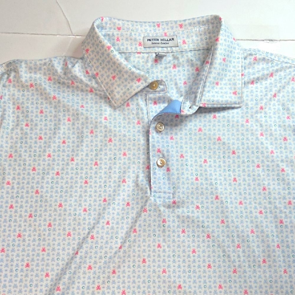 Peter Millar Skull In One Men's Light Blue and Pink Polo Shirt Summer Comfort